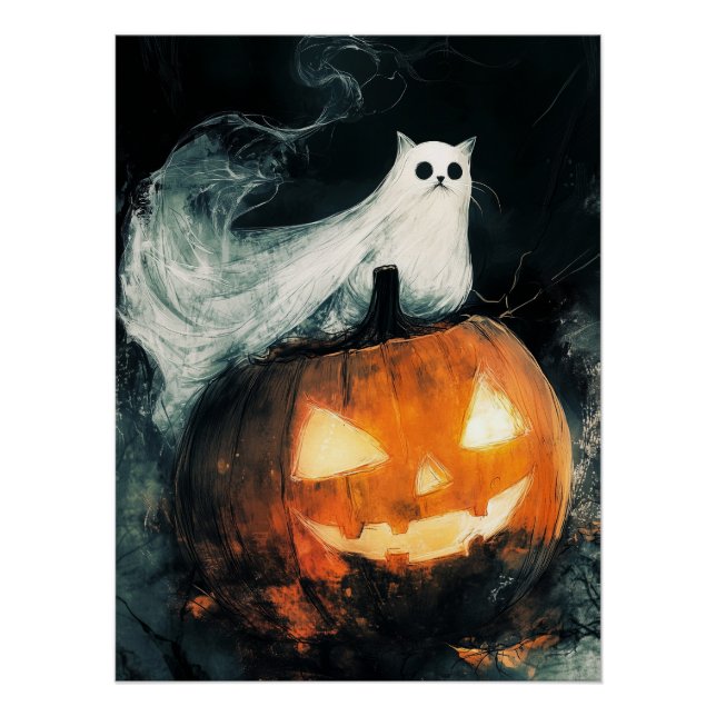 Halloween GhostCat  and Jack o Lantern Poster (Front)