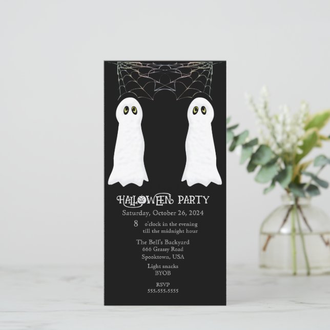 Halloween Ghosts and Spider Webs Party Holiday Card (Standing Front)