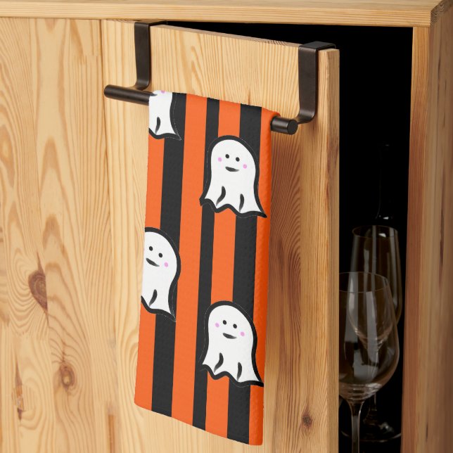 Halloween Ghosts and Stripes Kitchen Towel (Thirds Fold)