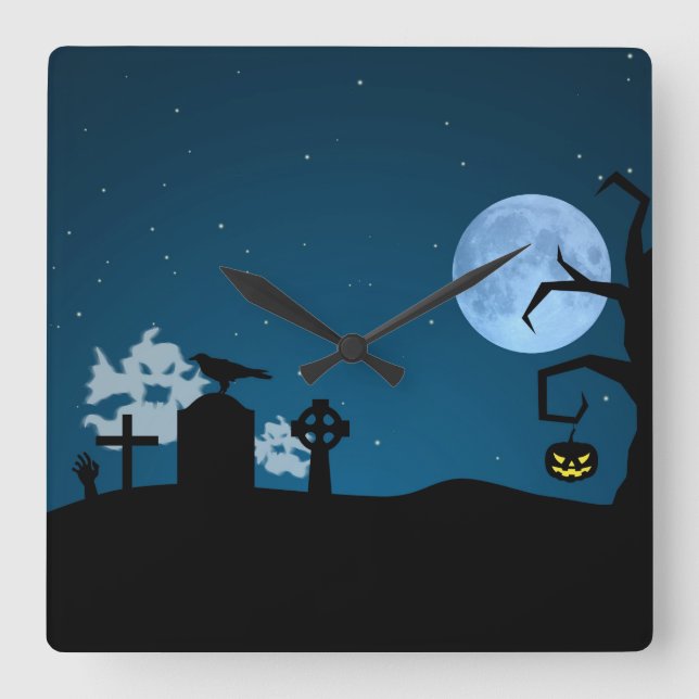 Halloween Ghosts at Graveyard Square Wall Clock (Front)