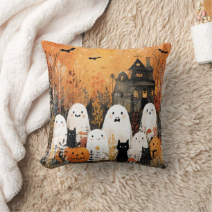 Halloween ghosts, black cats and bats, throw pillow