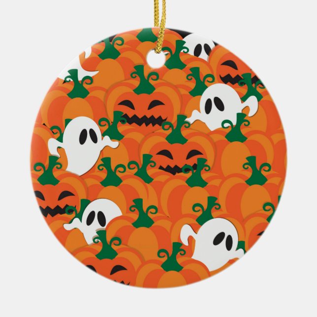 Halloween Ghosts Haunted Pumpkin Patch Ceramic Ornament (Front)