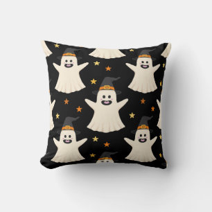 Halloween Ghosts in Witch Hats Seamless Pattern Throw Pillow