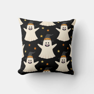 Halloween Ghosts in Witch Hats Seamless Pattern Throw Pillow