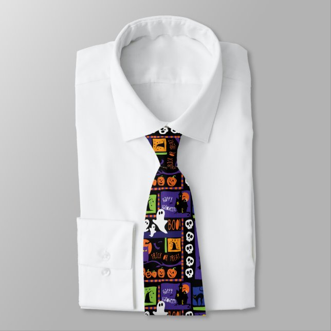 Halloween Ghosts Print Tie, Purple and Black Tie (Tied)