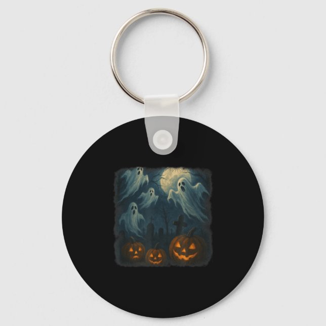 Halloween. Ghosts, Pumpkins And Graveyard!  Keychain (Front)