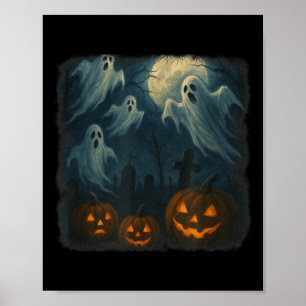 Halloween. Ghosts, Pumpkins And Graveyard! Poster