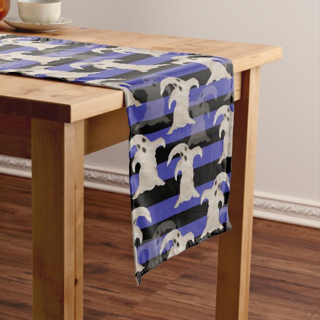 Halloween Ghosts | Purple, Grey and Black Stripes Short Table Runner (In Situ)