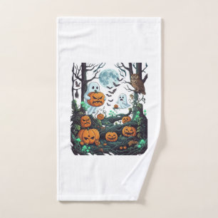 Halloween Ghosts Scary Pumpkins Owl Full Moon Bats Hand Towel