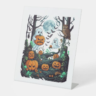Halloween Ghosts Scary Pumpkins Owl Full Moon Bats Pedestal Sign