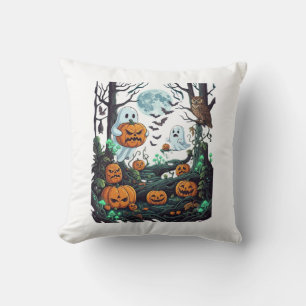 Halloween Ghosts Scary Pumpkins Owl Full Moon Bats Throw Pillow