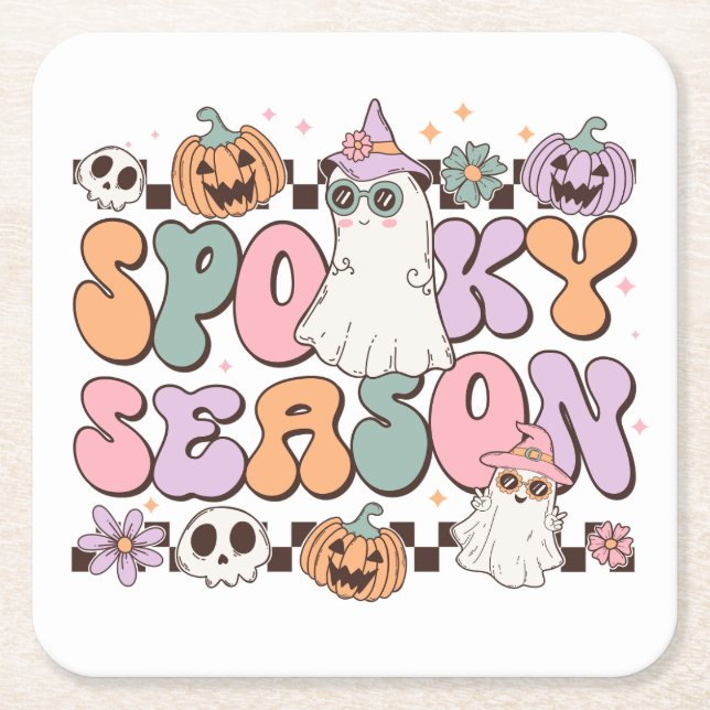 Halloween Ghosts Spooky Season Square Paper Coaster (Front)