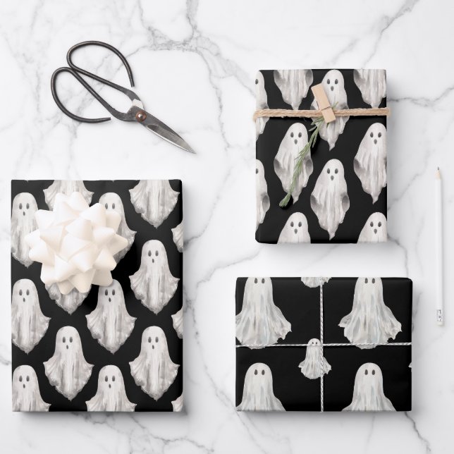 Halloween Ghosts Watercolor Pattern Wrapping Paper (Front)