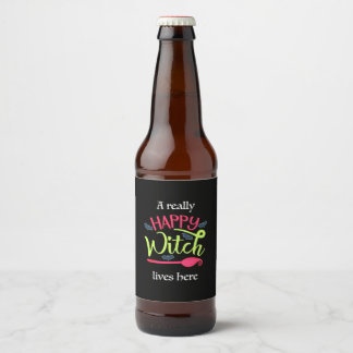 Halloween Gift | A Really Happy Witch Lives Here Beer Bottle Label