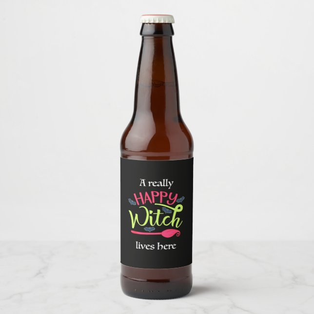 Halloween Gift | A Really Happy Witch Lives Here Beer Bottle Label (Front)