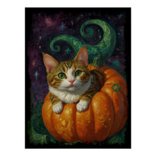 Halloween Ginger & White Kitten Riding a Pumpkin  Poster