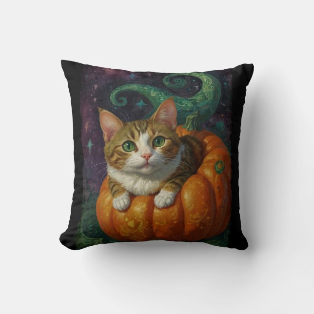 Halloween Ginger & White Kitten Riding a Pumpkin  Throw Pillow (Front)