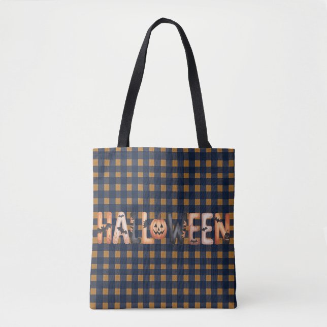 Halloween Gingham Lettering Tote Bag (Front)