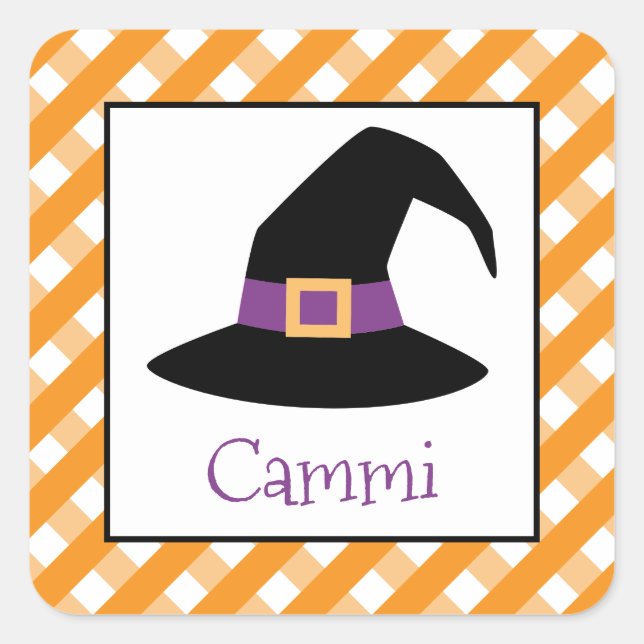 Halloween Gingham Witch Hat Personalized Stickers (Front)