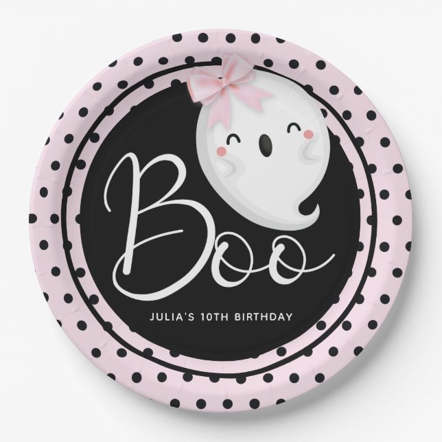 Halloween Girl Birthday Pink Black Personalized Paper Plate (Front)