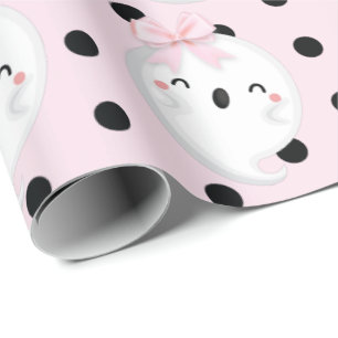 Halloween Girl Birthday Pink Black Polka dot Ghost Wrapping Paper
