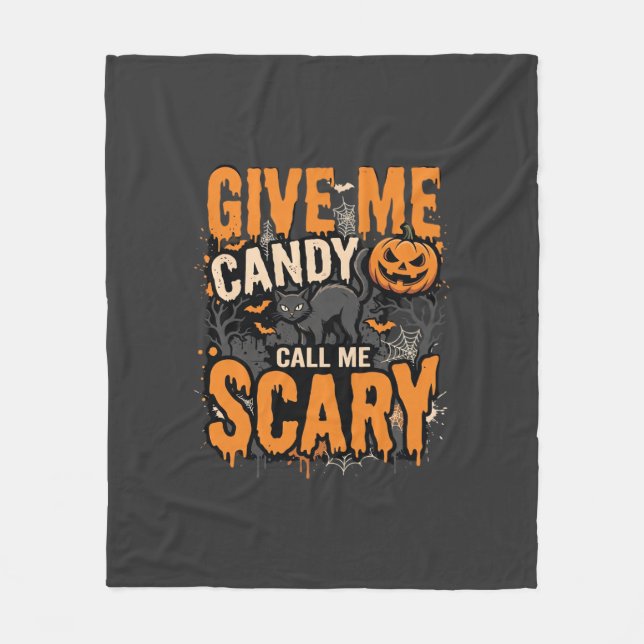 Halloween Give Me Candy Scary Cat Fleece Blanket (Front)