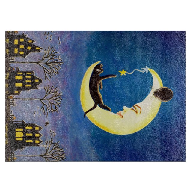 Halloween glass cutting board, moon,black ,cats cutting board (Front)