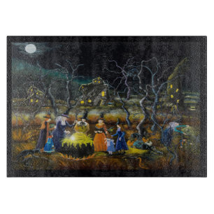 Halloween glass cutting board,witches at cauldron cutting board