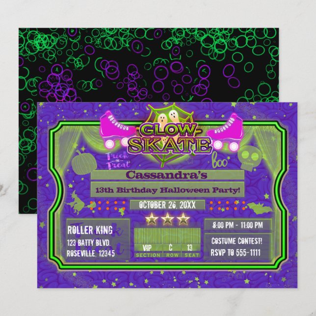 Halloween Glow Roller Skate Skating Birthday Party Invitation (Front/Back)
