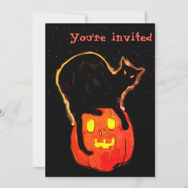 Halloween Glowing Orange Pumpkin with Black Cat on Invitation (Front)