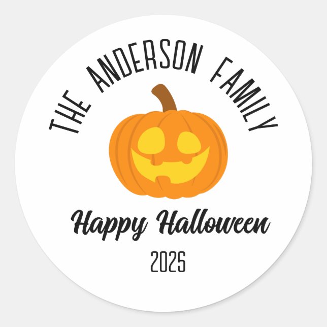 Halloween Glowing Pumpkin Face Personalized Name Classic Round Sticker (Front)