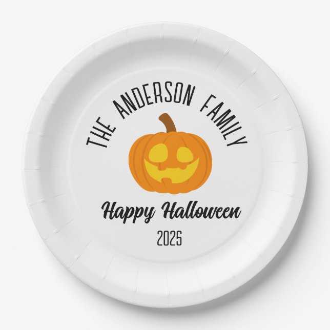 Halloween Glowing Pumpkin Face Personalized Name Paper Plate (Front)