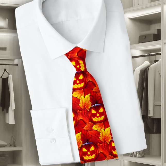 Halloween Glowing Pumpkin Fall Leaves Tie (Creator Uploaded)