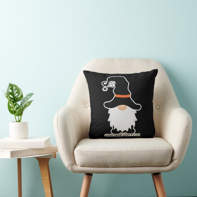 Halloween Gnome Witch White Hair Black Hat Throw Pillow (Chair)