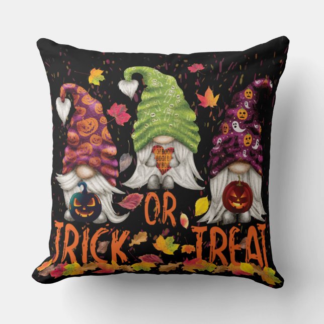 Halloween Gnomes Trick or Treat Falling Leaves  Throw Pillow (Front)
