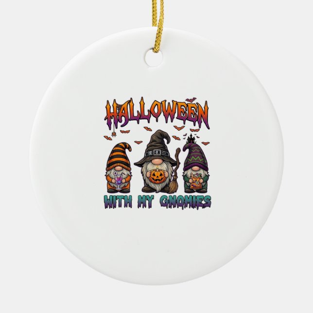 Halloween Gnomies Three Gnomes Witch Hat Pumpkin_1 Ceramic Ornament (Front)