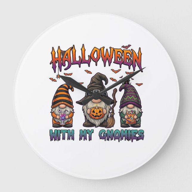 Halloween Gnomies Three Gnomes Witch Hat Pumpkin_1 Large Clock (Front)