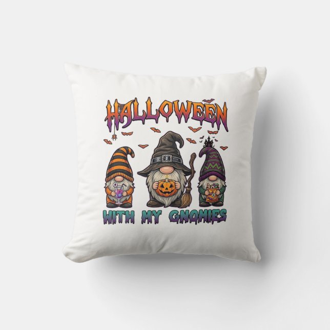 Halloween Gnomies Three Gnomes Witch Hat Pumpkin_1 Throw Pillow (Front)