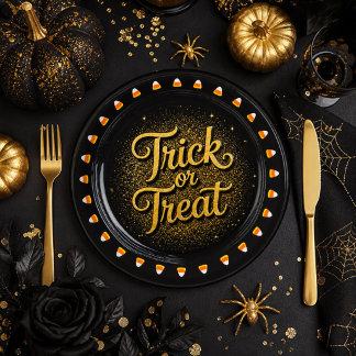 Halloween Gold Black Trick‑or‑Treat Paper Plate