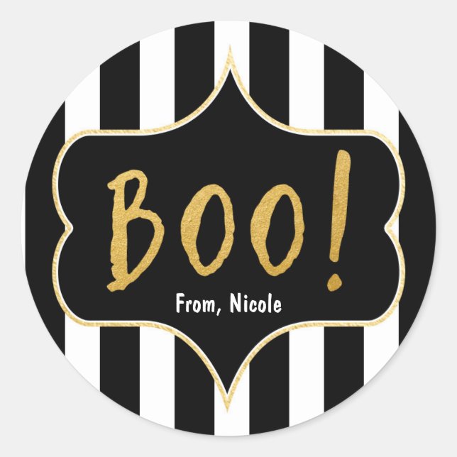 Halloween Gold BOO Black & White Striped Sticker (Front)