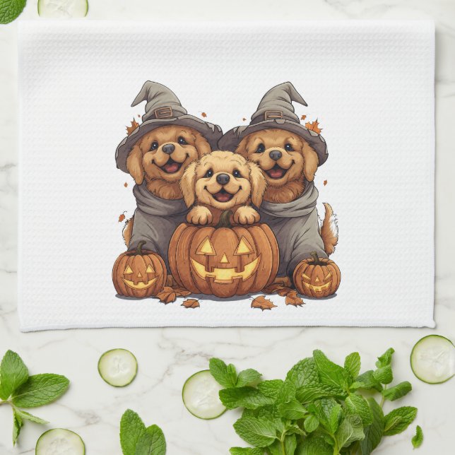 Halloween Golden Retriever Dogs Jack O Lantern Kitchen Towel (Folded)