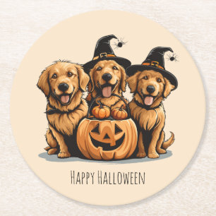 Halloween Golden Retriever Dogs Jack O Lantern Round Paper Coaster