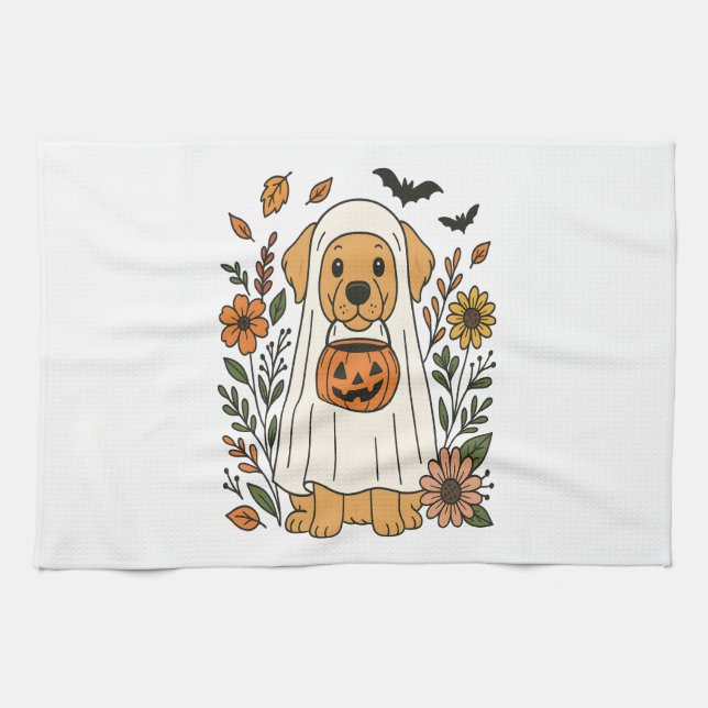 Halloween Golden Retriever Flowers Kitchen Towel (Horizontal)