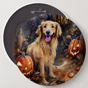 Halloween Golden Retriever With Pumpkins Scary 6 Inch Round Button