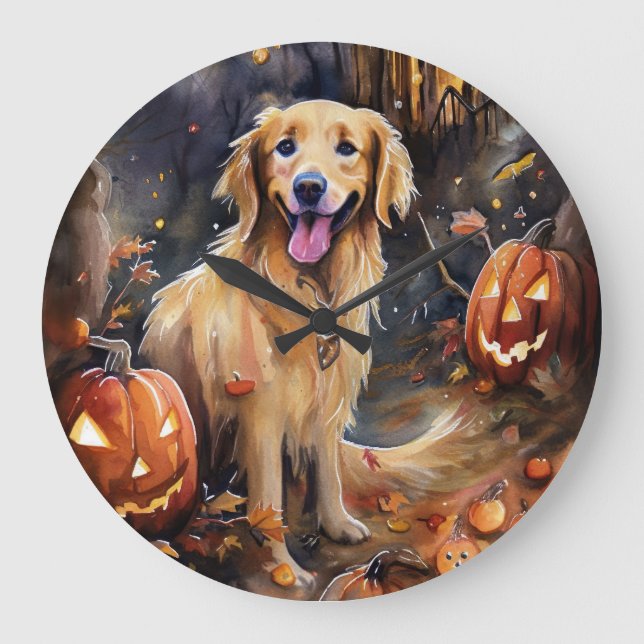 Halloween Golden Retriever With Pumpkins Scary Large Clock (Front)