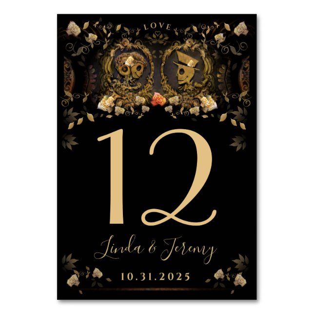 Halloween Golden Skeletons Wedding Table Number (Front)