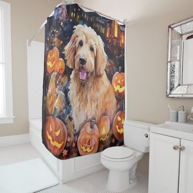 Halloween Goldendoodle With Pumpkins Scary (In Situ)