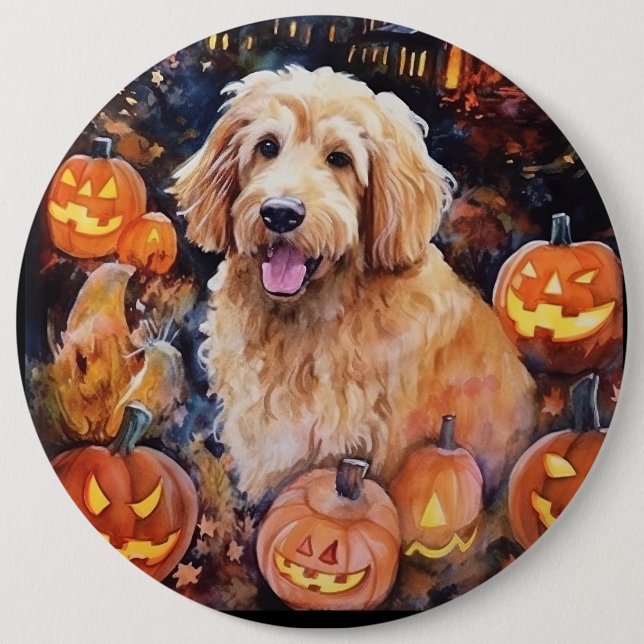Halloween Goldendoodle With Pumpkins Scary 6 Inch Round Button (Front)