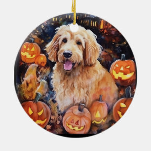 Halloween Goldendoodle With Pumpkins Scary Ceramic Ornament