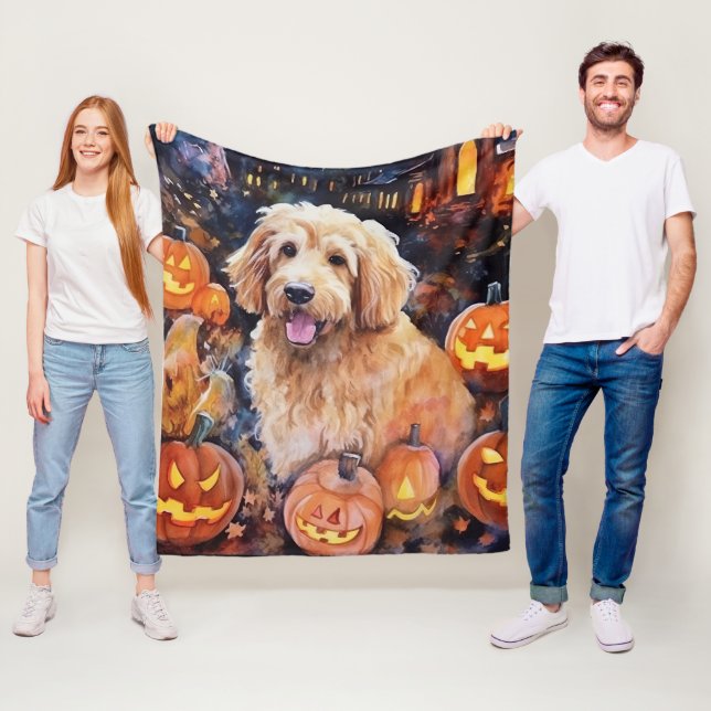 Halloween Goldendoodle With Pumpkins Scary Fleece Blanket (In Situ)
